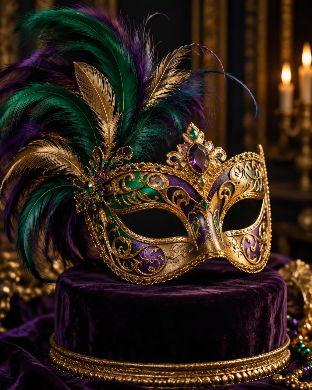 Handcrafted Mardi Gras mask with feathers and gold filigree on velvet