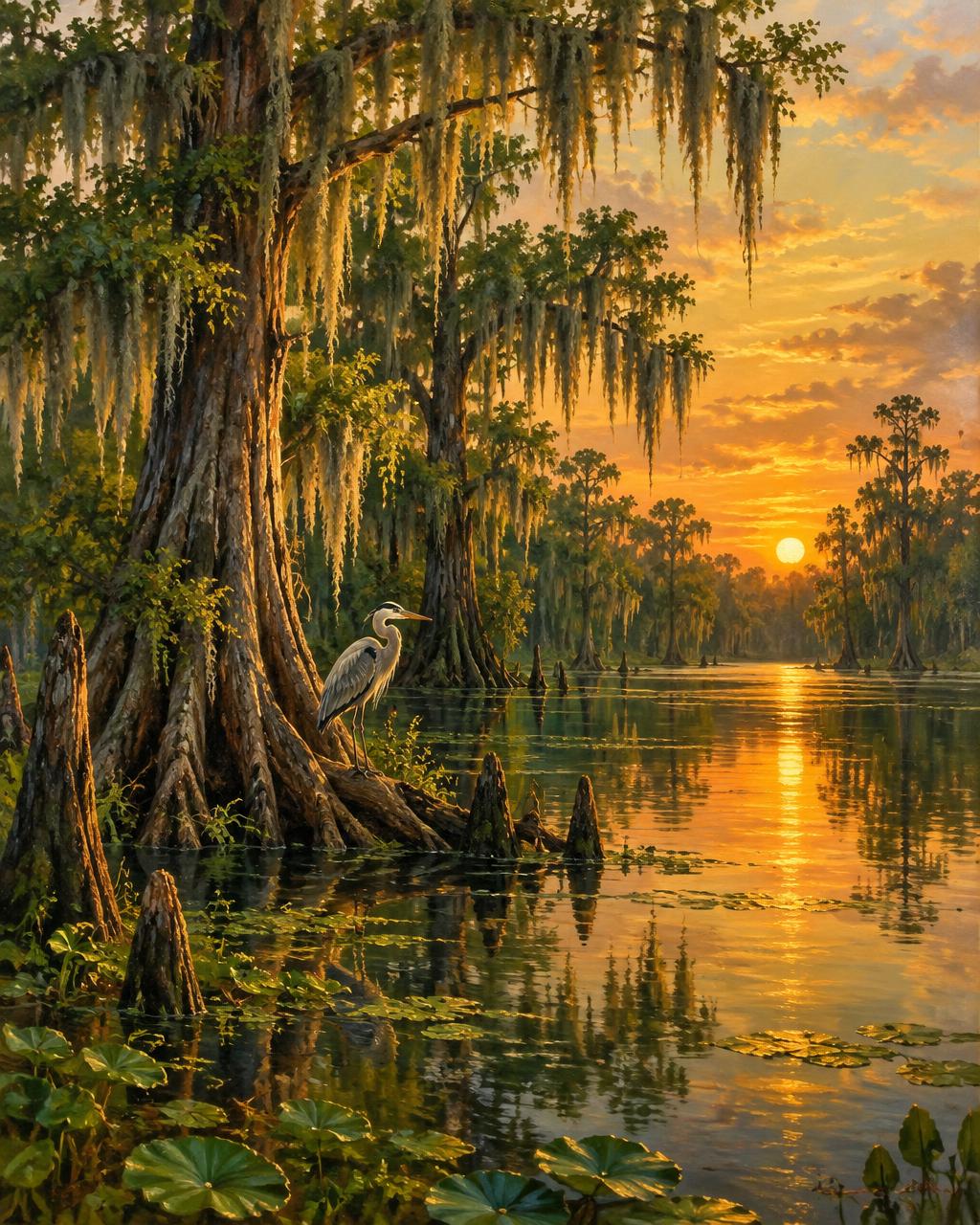 Original painting of a Louisiana bayou at sunset with cypress and heron