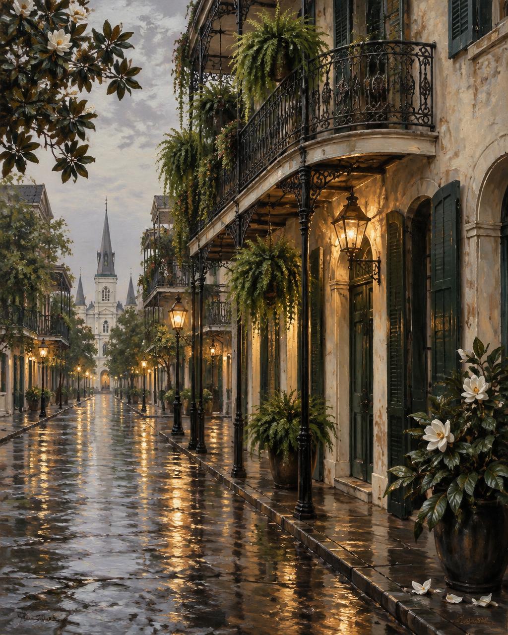 Original painting of a rain-washed New Orleans street and iron balconies