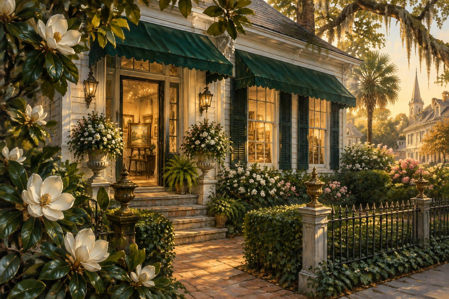 Painting of a welcoming Southern art boutique surrounded by magnolias